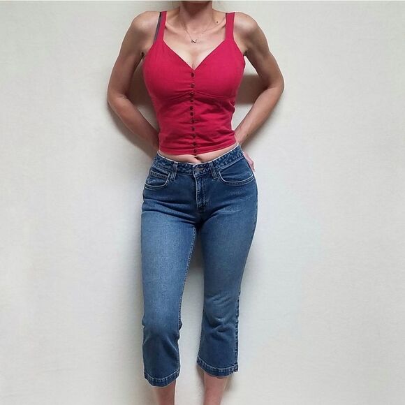 VINTAGE 1990s GAP Boot Cut Capri Jeans Mid Rise Mid Wash Cropped USA Made 6 Reg - Picture 2 of 11